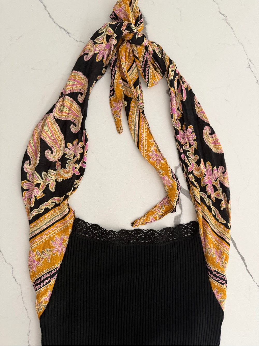 Free People Eyes For U Halter Bodysuit M Black Ribbed Scarf Tie Open Back Boho - Picture 6 of 12